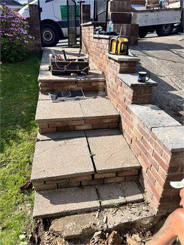 Paved garden steps bordered by brick retaining walls