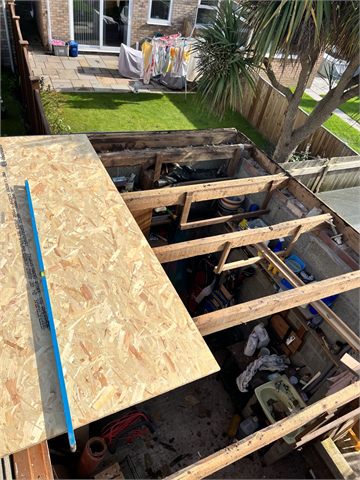 Exposed timber roof structure with a sheet panel and ladder